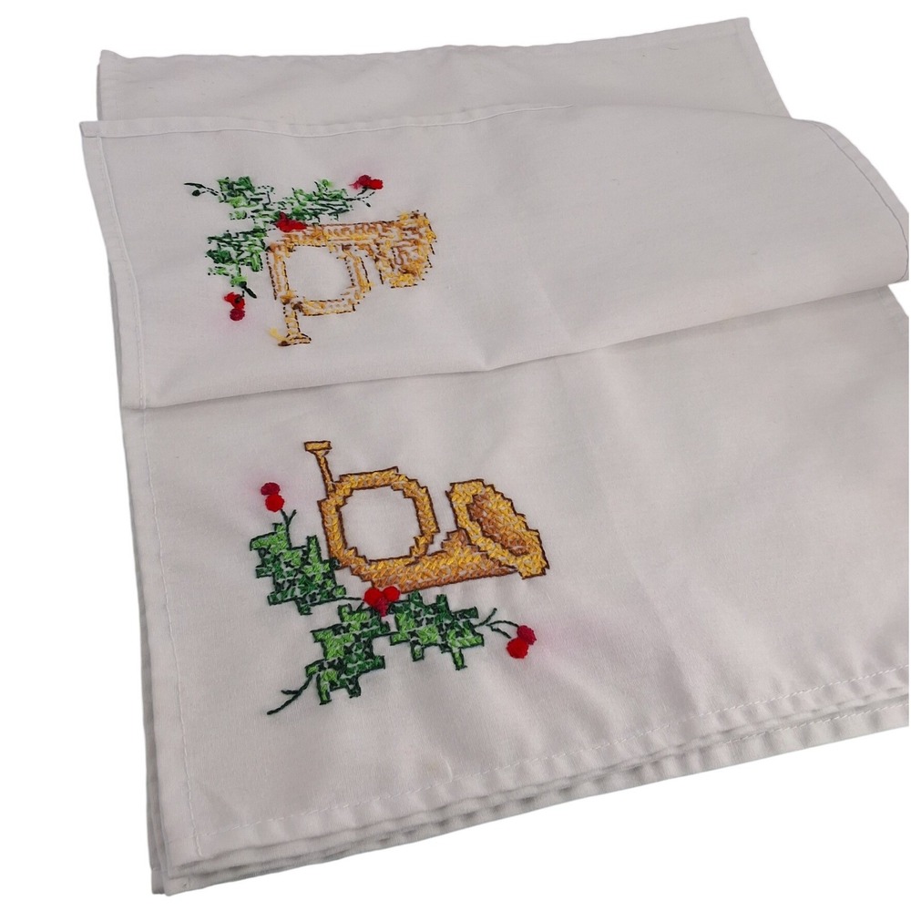 Vintage Cross Stitch Christmas Napkins White Cotton French Horn Holly Set of 6